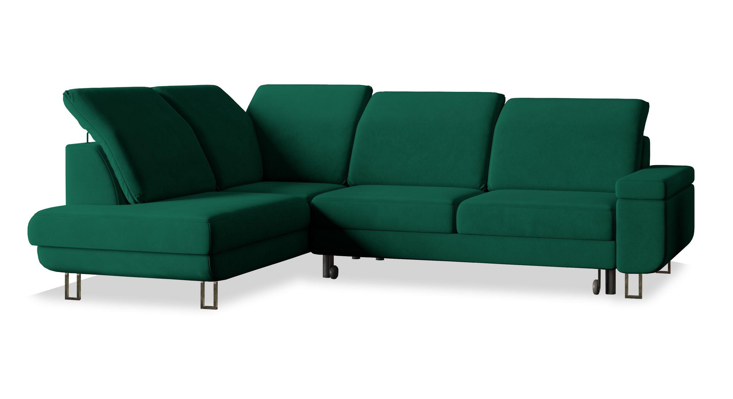 ECKSOFA LERMA L-S Grün Velours-Stoff mit Schlaffunktion - Silberfarben/Grün, Holz/Textil (253/190cm) - MASSENO