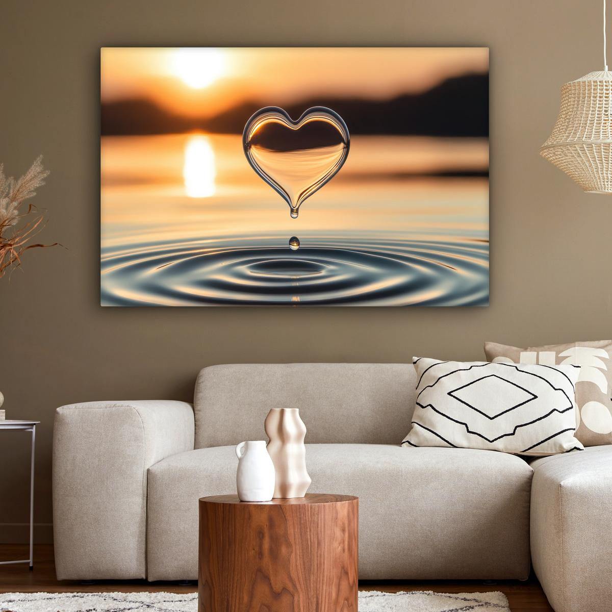 LEINWANDBILD Herz - Wasser - Sonnenuntergang - Natur - Zen Wohnzimmer Groß 120x80 cm - Bernsteinfarben, Textil (120/80cm) - MuchoWow