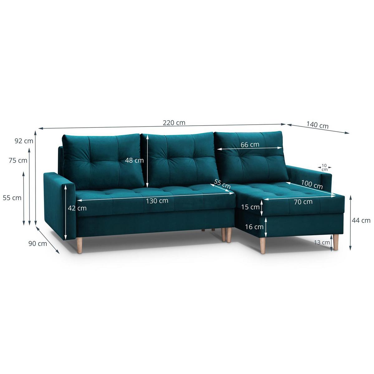 ECKSCHLAFSOFA Halant mit Bettkasten, universelle Ottomane, Veloursstoff, Türkis - Türkis, Textil (220/140cm) - Beautysofa