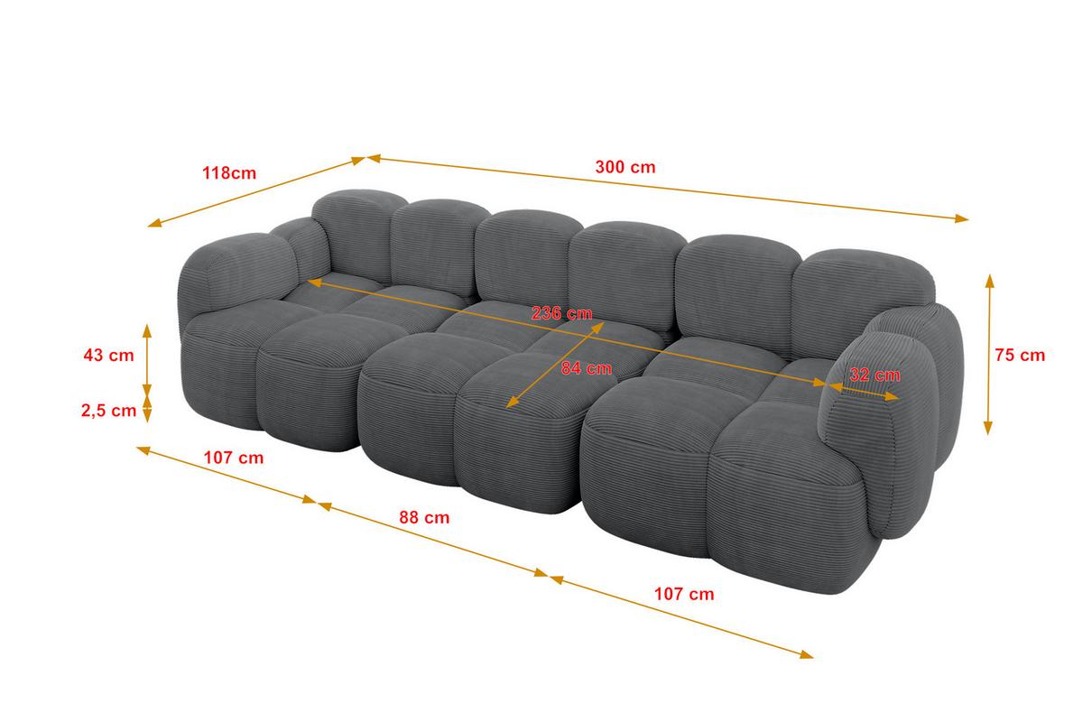 3-SITZER modulares Sofa Miko-S2 300x118x75 cm Dunkelgrau Cord - Graphitfarben/Schwarz, Holzwerkstoff/Kunststoff (300/75/118cm) - ALTDECOR