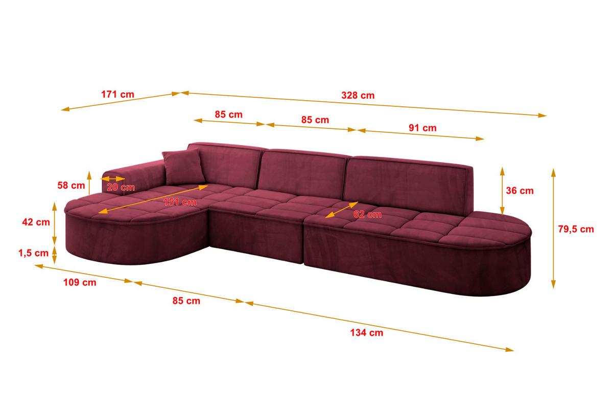 ECKSOFA Ottomane Links TARO-L2 - 328x171x79,5 cm Bordeauxrot - Bordeaux, Holzwerkstoff/Textil (328/171cm) - ALTDECOR