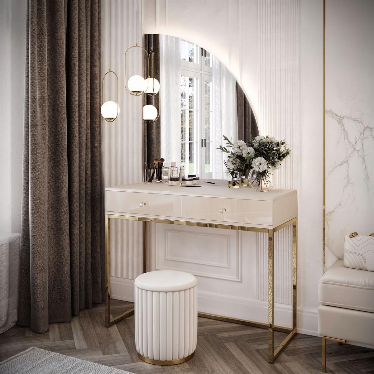 SCHMINKTISCH QUINNIE KASCHMIR mit LED-Spiegel gold Chrom rechts Griff Kristall - Transparent/Goldfarben, Holzwerkstoff (100/175/42cm) - Lookway