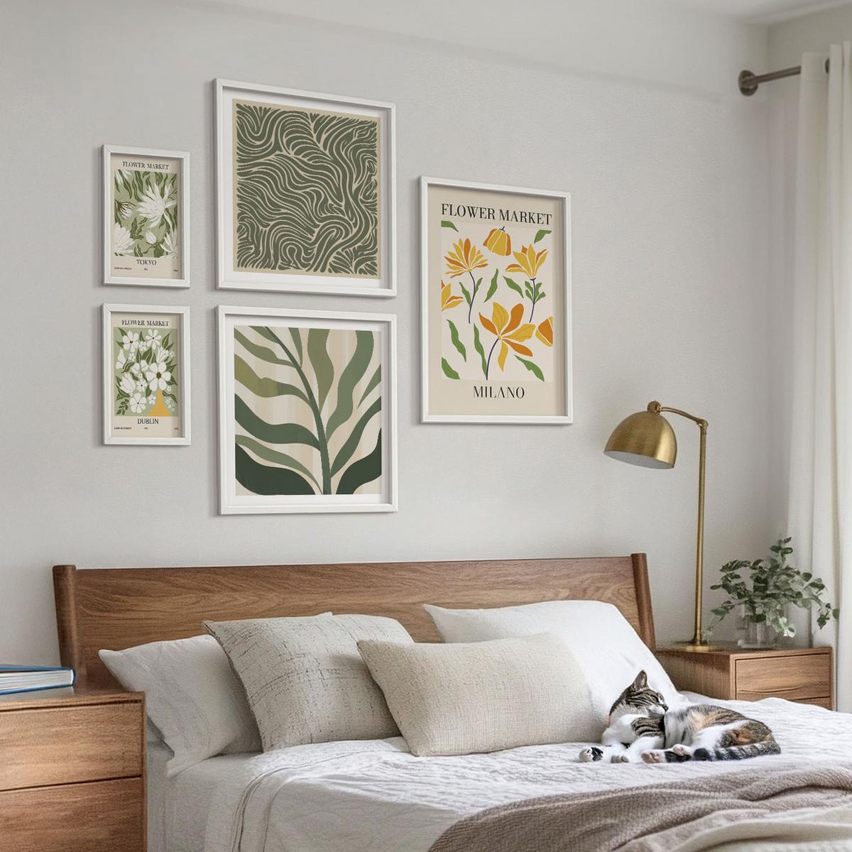 BILDER SET 5er Set - 50x50 cm & 20x30 cm & 40x60 cm Weißer Rahmen - Pflanzenmuster, Boho-Dekorationen - Weiß, Kunststoff (40/60cm) - TULUP