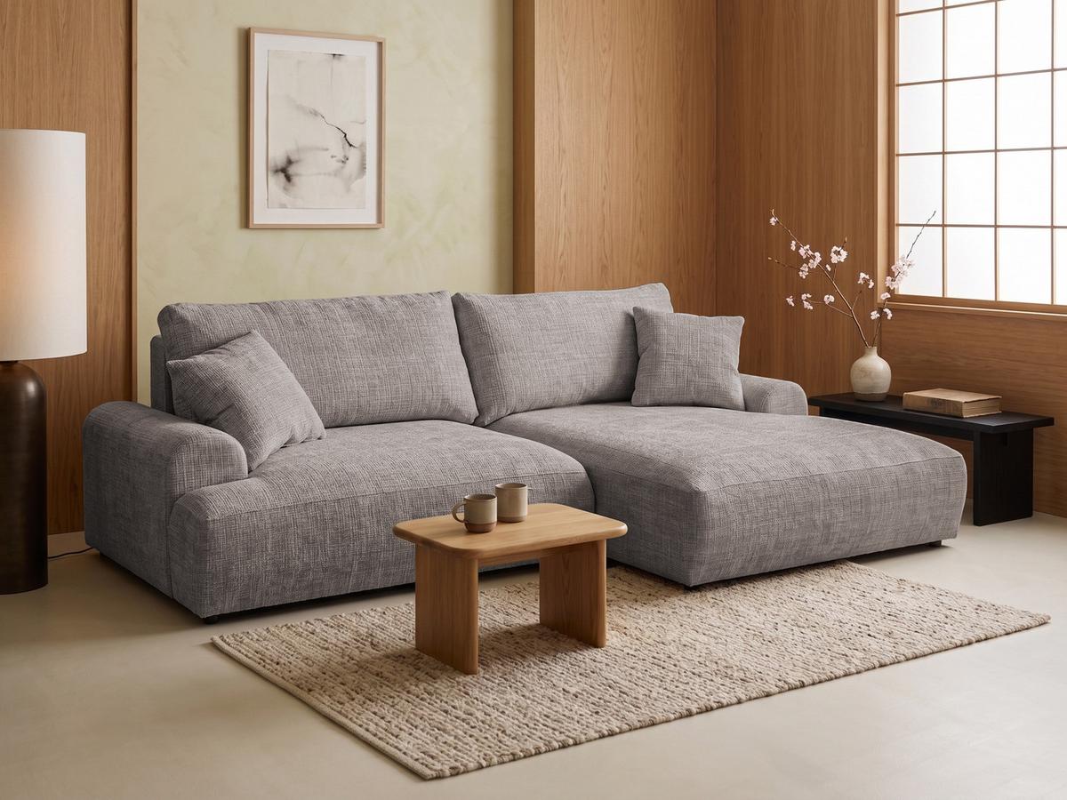 ECKSOFA Melvano mit Schlaffunktion und Bettkasten im Japandi-Stil aus weichem Taupe Chenille-Stoff - Taupe/Schwarz, Holz/Kunststoff (240/145cm) - S-Style