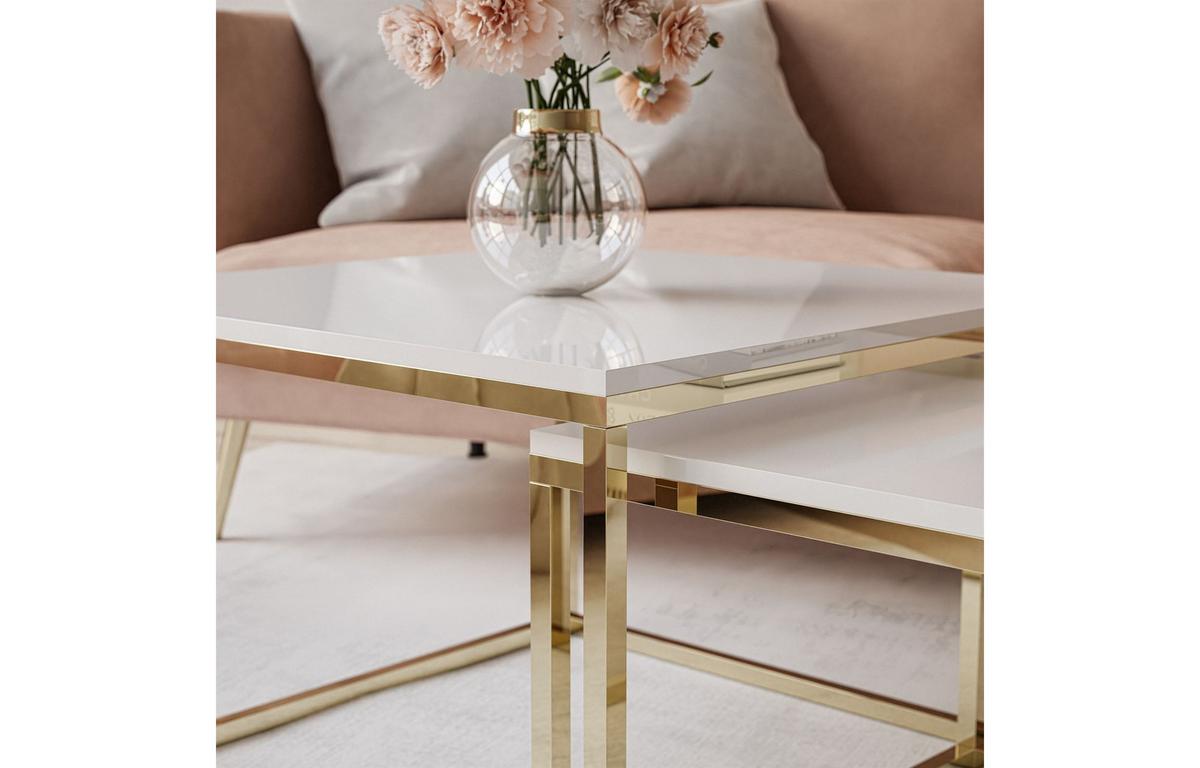 COUCHTISCH YOSHI 2in1 70/70/42 cm Gold Chrom / Weiß Hochglanz - Weiß, Holzwerkstoff/Metall (70/70/42cm) - Lookway