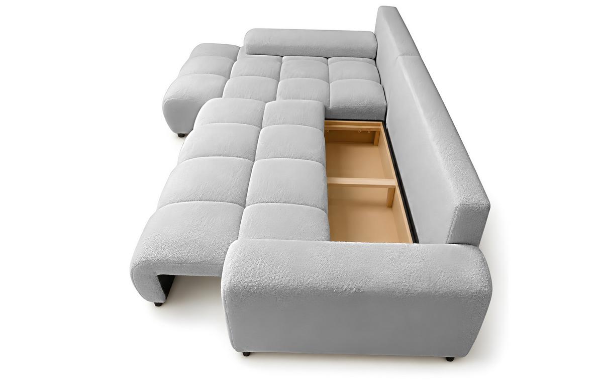 ECKSOFA Ovia mit Bettkasten und Schlaffunktion, Bouclé-Stoff in L-Form - Hellgrau, Textil (270/185cm)