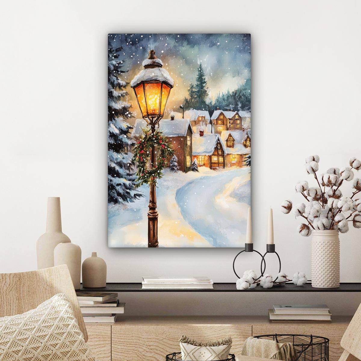 LEINWANDBILD Weihnachtsdorf - Häuser - Schnee - Weihnachten Wanddeko Schlafzimmer 60x90 cm - Sandfarben, Textil (60/90cm) - MuchoWow
