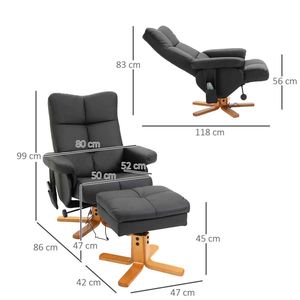 RELAXSESSEL mit Liegefunktion Massagesessel mit Fußhocker Polyester Schwarz - Anthrazit/Schwarz, Leder/Holz (86/99/80cm) - HOMCOM