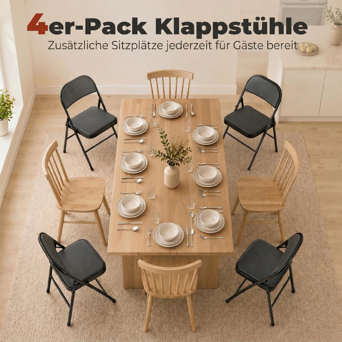 4ER-SET Klappstühle Tragbare Bürostuhl mit Kissen Stahlbeine Kunstleder, Schwarz - Schwarz, Metall (46/78/45cm) - HOMCOM