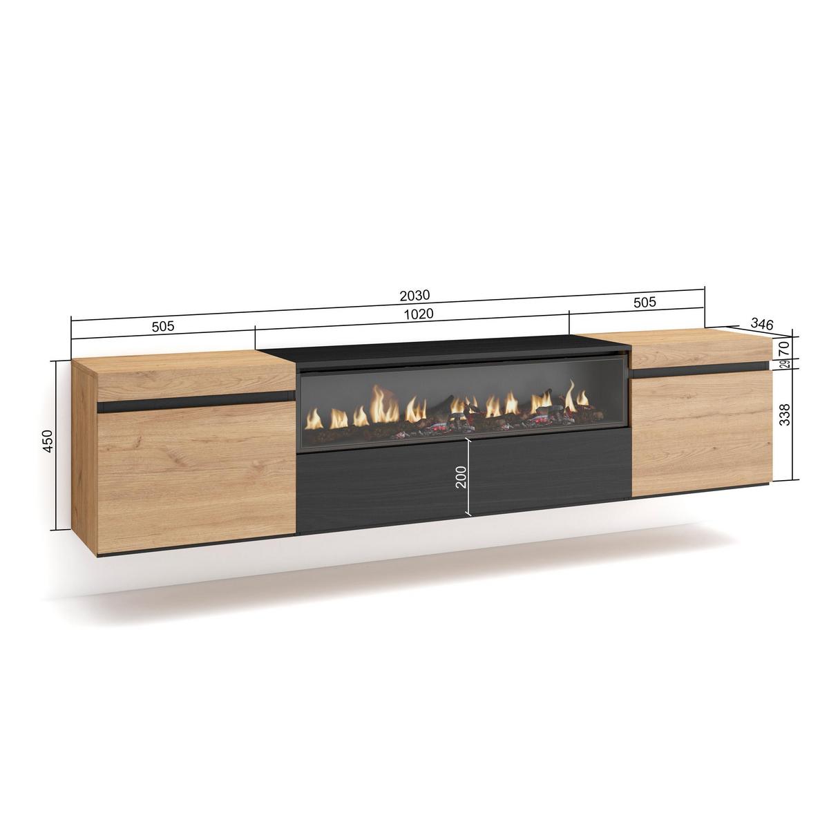 LOWBOARD mit Elektrokamin, Hängend, Eiche, Schwarz, 200/35/45cm - Eichefarben/Naturfarben, Holzwerkstoff (200/45/35cm) - Skraut Home