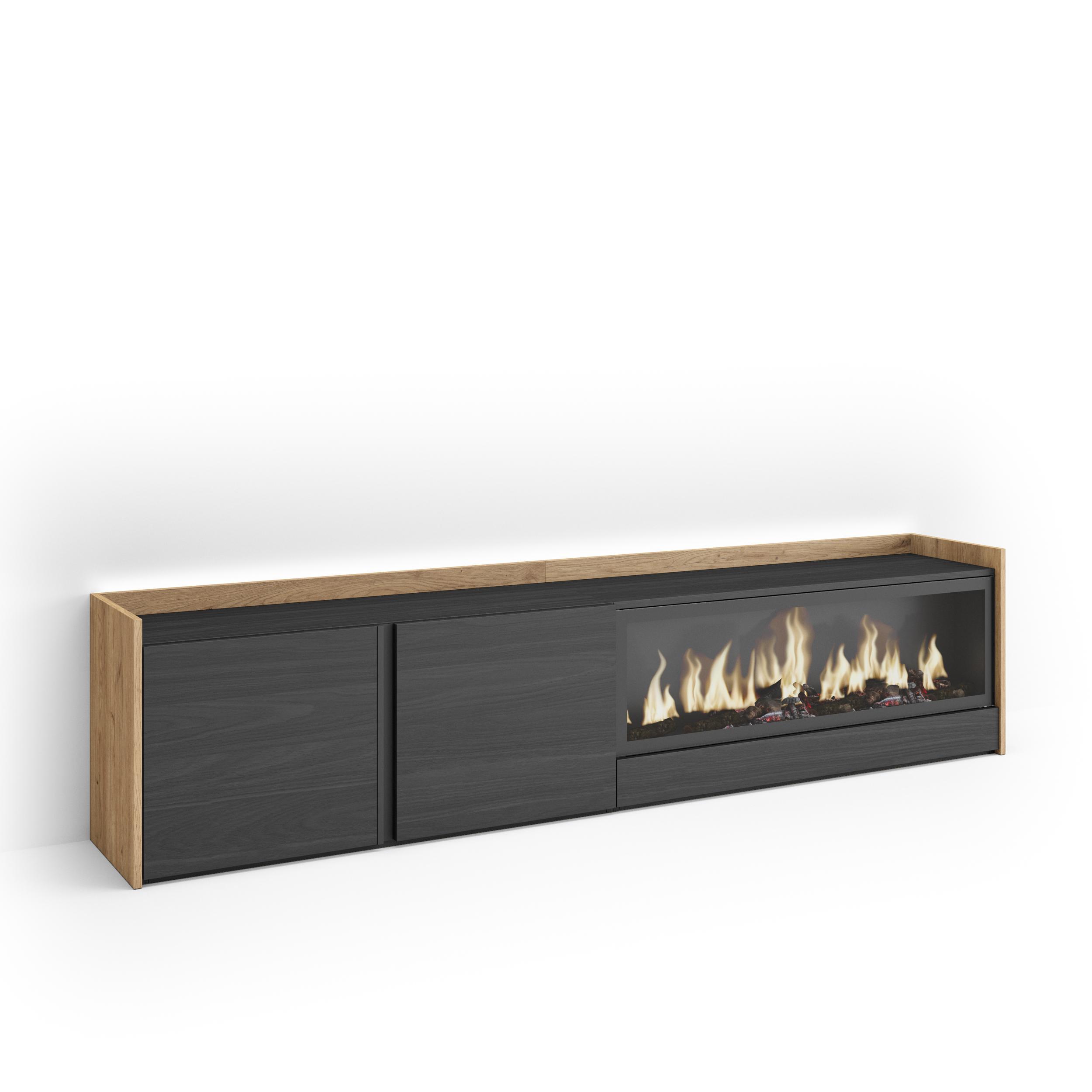 LOWBOARD, Schwarz und Eiche, 212/35/50cm, Kamin mit Feuereffekt XXL - Schwarz, Holzwerkstoff (212/50/35cm) - Skraut Home