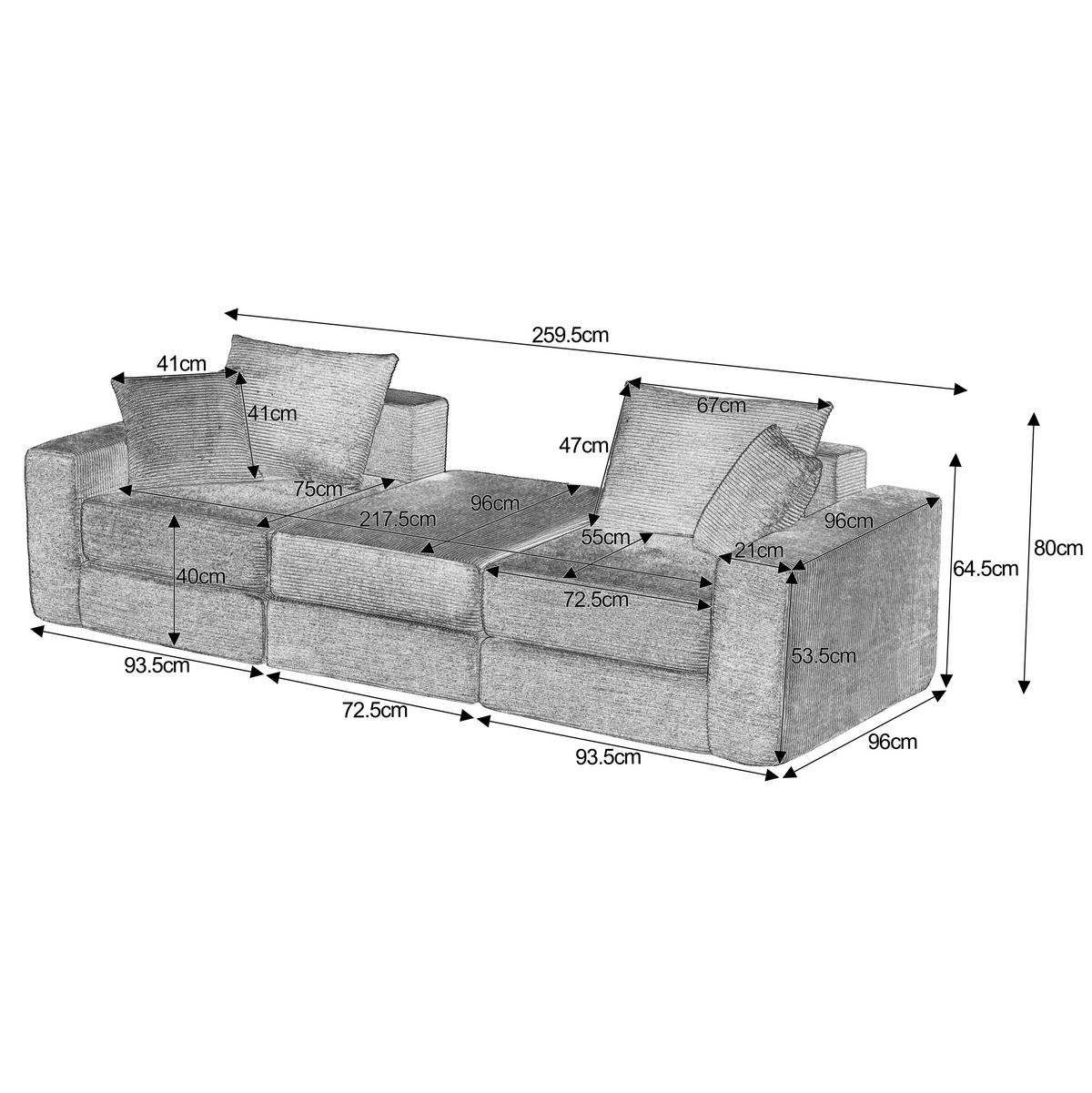 3-SITZER SOFA Modulares Cord Grün ohne Montage - Grün, Kunststoff (259.5/96cm) - Urban Meuble