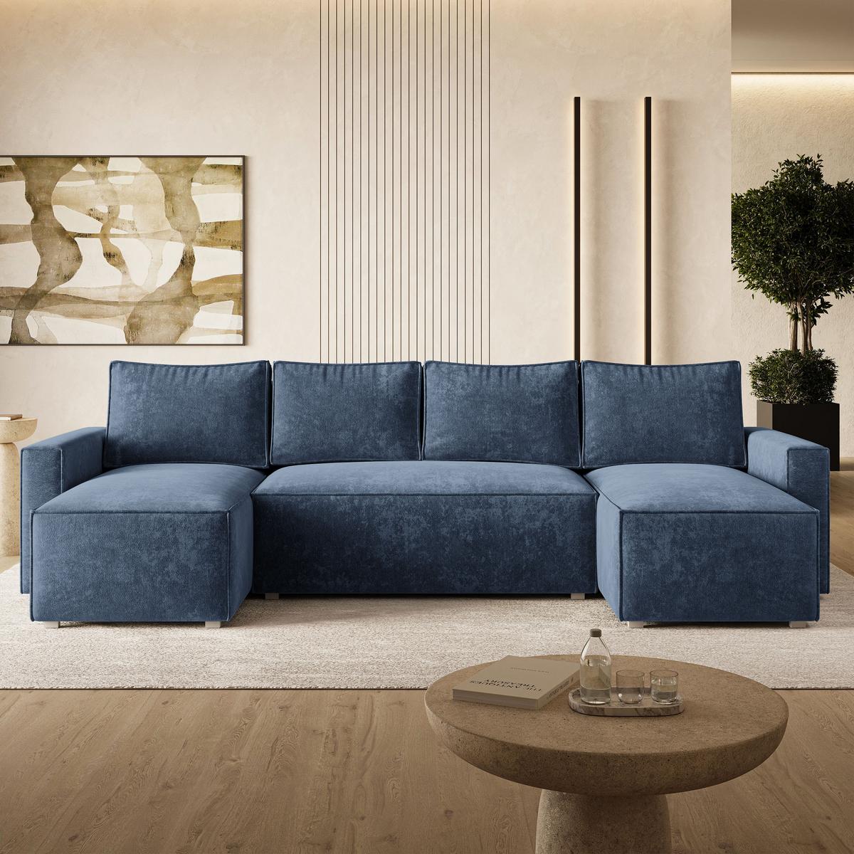 WOHNLANDSCHAFT ASPRA LM Blau Chenille mit Schlaffunktion - Blau, Holz (295/85/140cm) - MASSENO