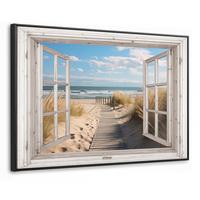 LEINWAND Bilder mit Rahmen - Fenster - Meer - Küste - Natur - Ausblick - Strand - Wattenmeer - 120x80 - Beige, Textil (120/80cm) - MuchoWow
