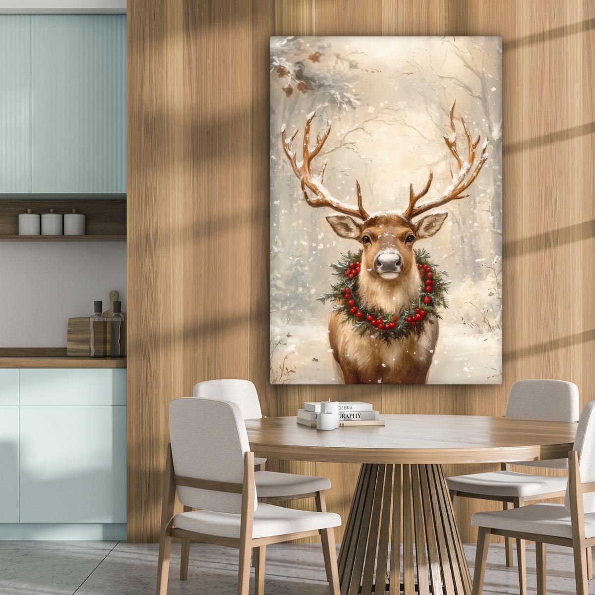 LEINWANDBILD Weihnachten - Rentier - Winter - Kranz Deko XXL 80x120 cm - Naturfarben, Textil (80/120cm) - MuchoWow