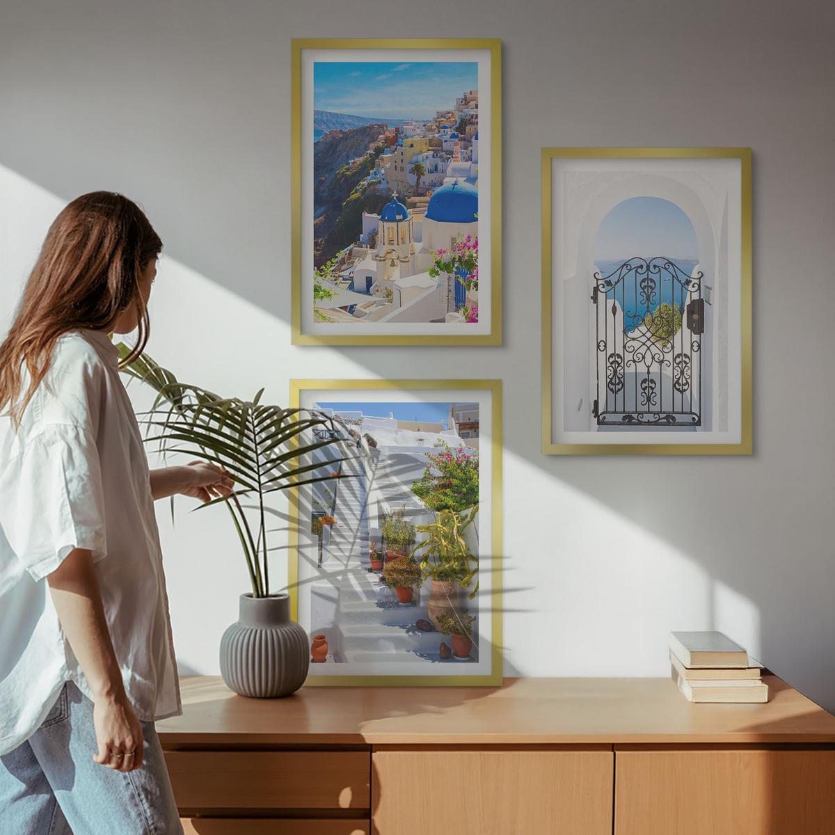BILDER SET 3er Set - 40x60 cm Goldrahmen - Santorini-Architektur Oia - Goldfarben, Kunststoff (40/60cm) - TULUP