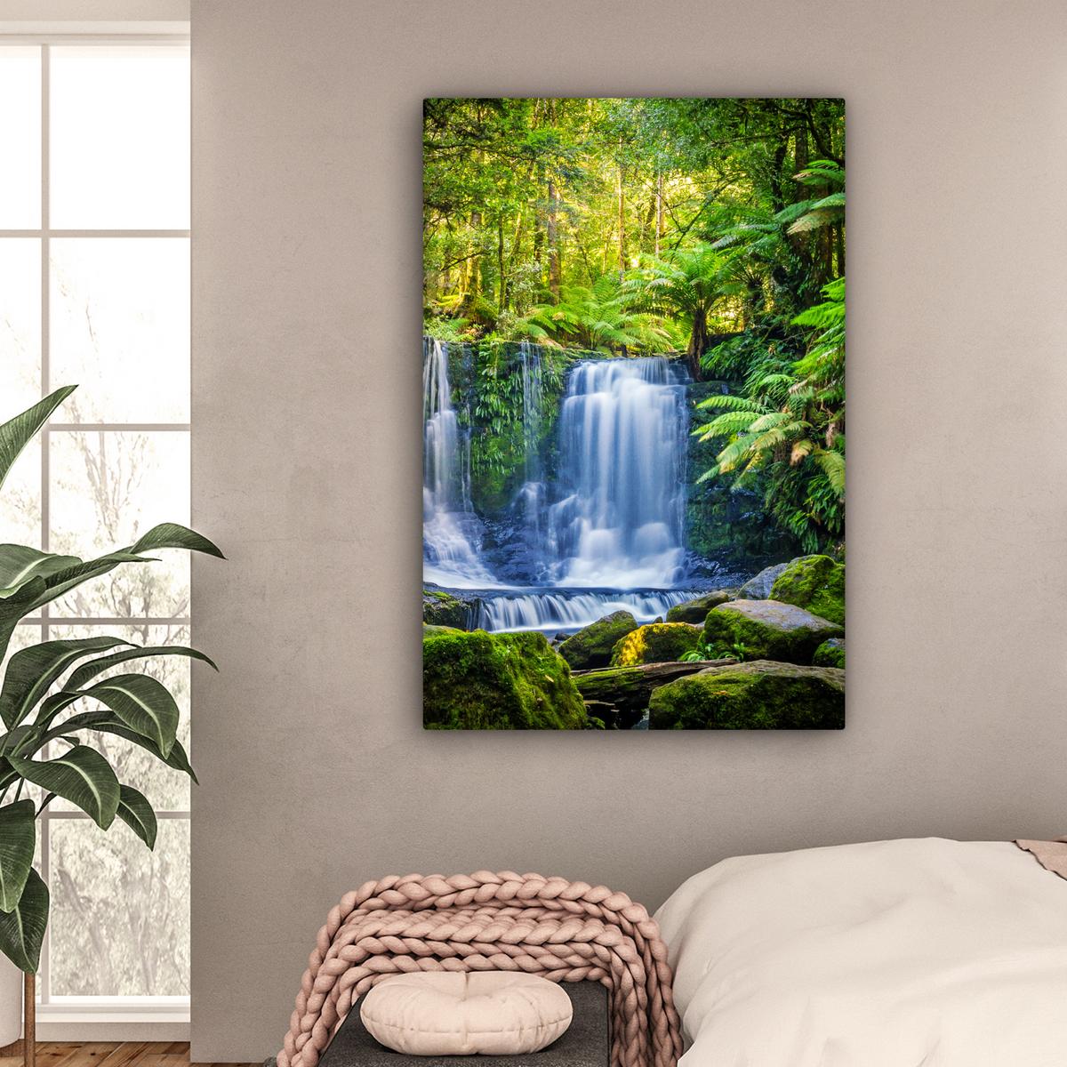 LEINWANDBILD Dschungel - Wasserfall - Australien - Pflanzen - Natur Deko XXL 80x120 cm - Dunkelgrün, Textil (80/120cm) - MuchoWow