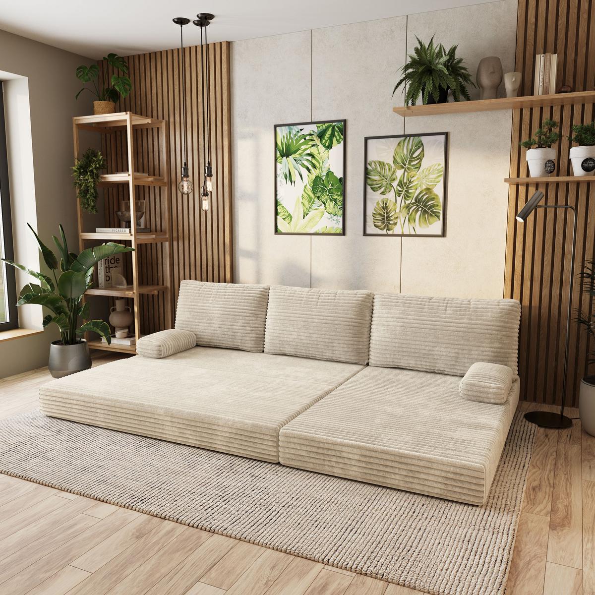 ECKSOFA ANKO modulares Boneless Sofa mit Schlaffunktion Creme Kordstoff - Creme, Textil (270/160cm) - MASSENO