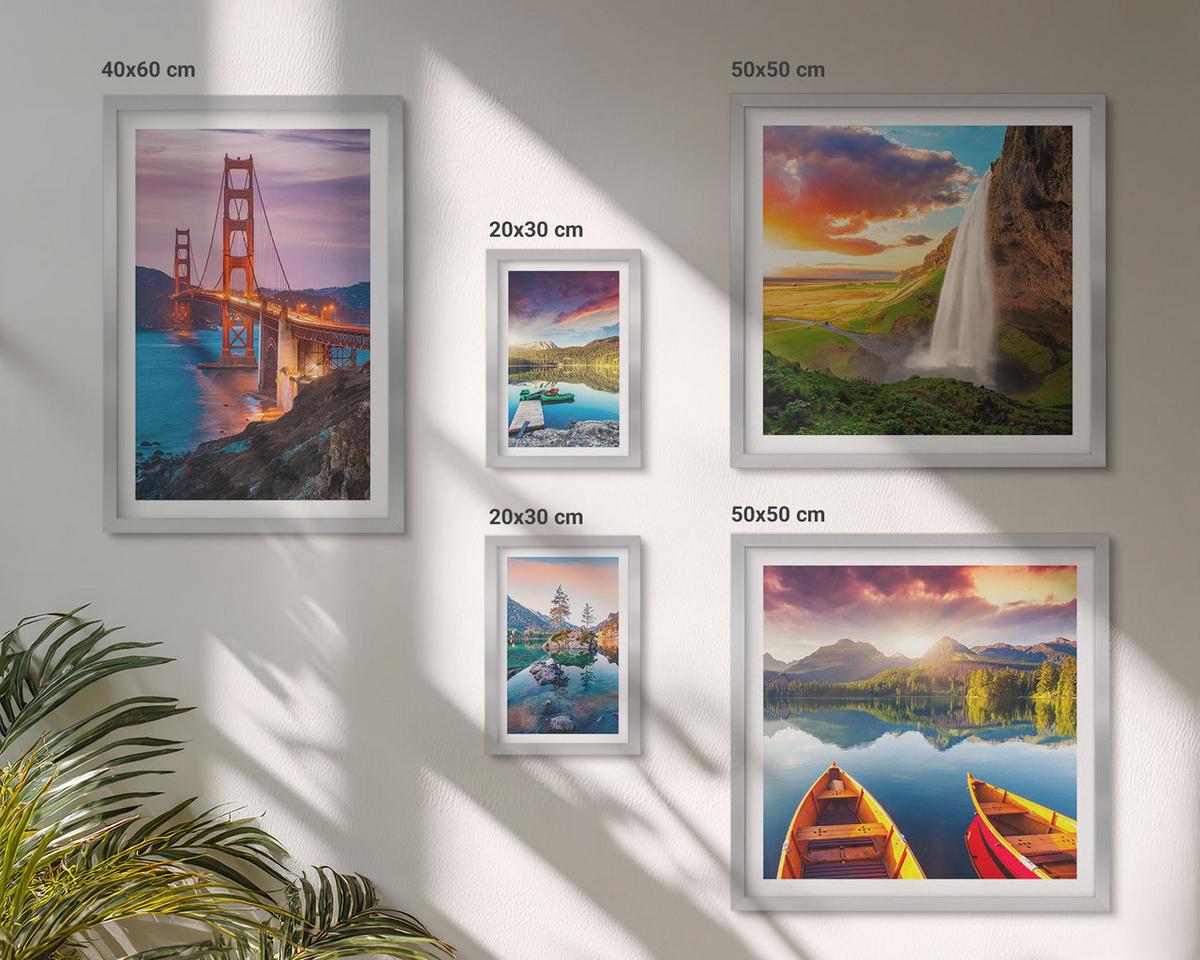 BILDER SET 5er Set - 50x50 cm & 20x30 cm & 40x60 cm Silberner Rahmen - Bergseen, Boote, Brücken - Silberfarben, Kunststoff (40/60cm) - TULUP