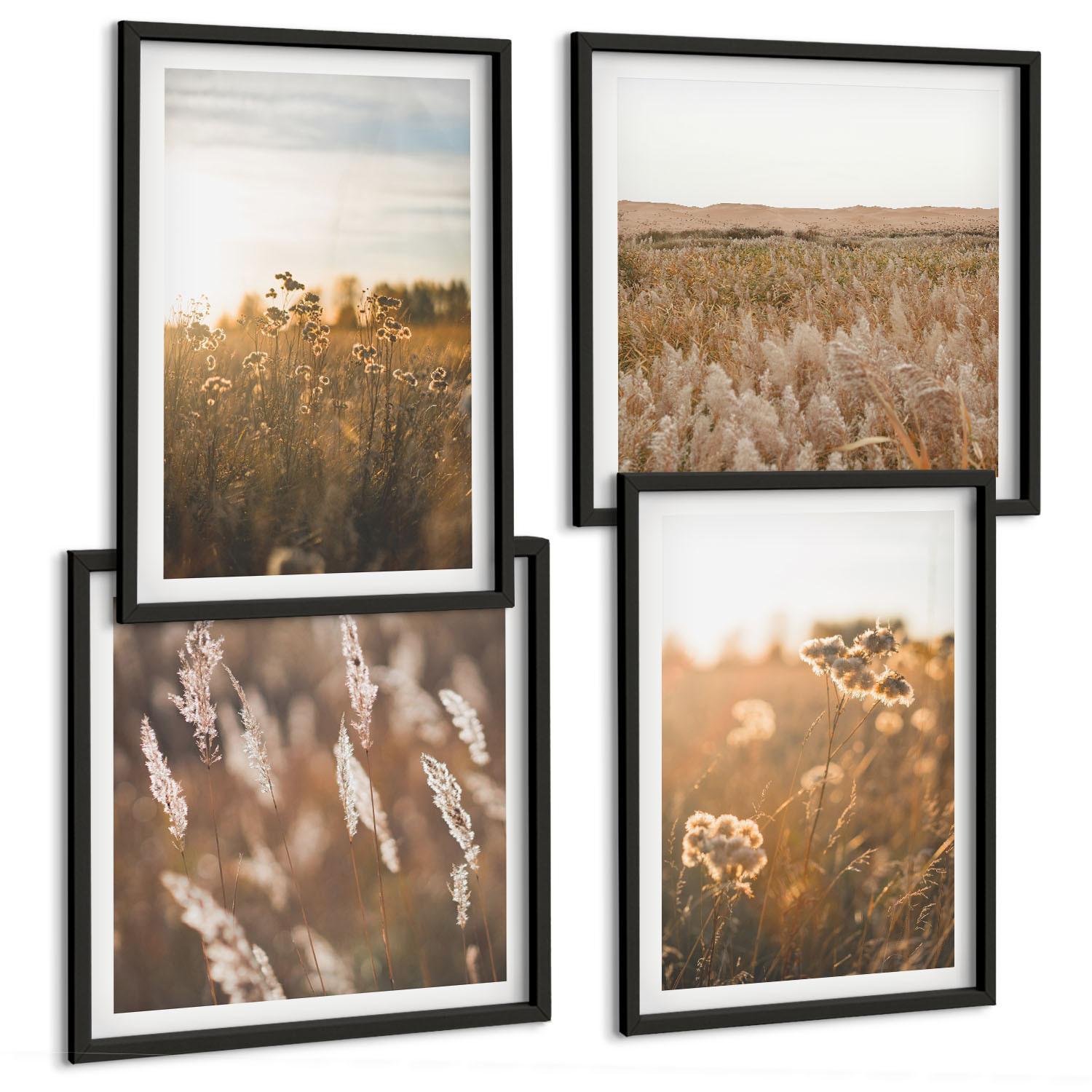 BILDER SET 4er Set - 50x50 cm & 40x60 cm Schwarzer Rahmen - Sommerwiesenblumen Sonnenuntergang - Schwarz, Kunststoff (50/50cm) - TULUP