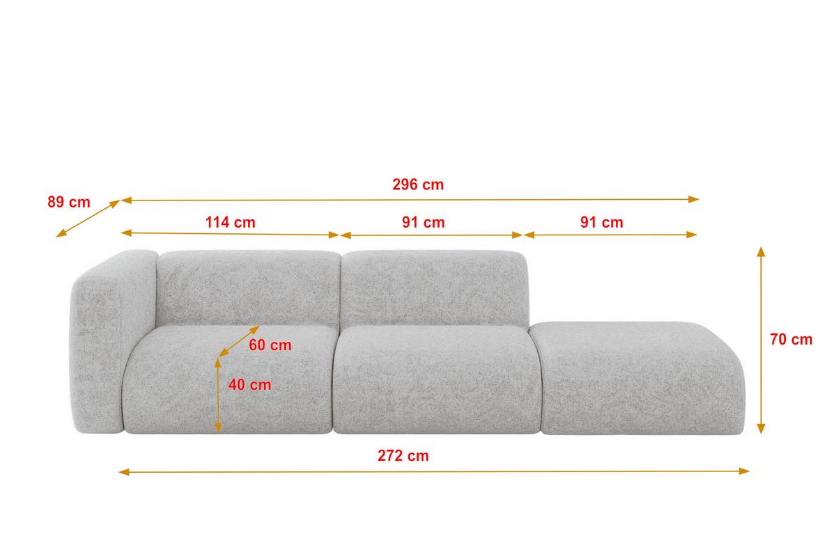 SOFA Ottomane Links MIRA-S3 296x89x70 Grau Velours - Schwarz/Grau, Holzwerkstoff/Kunststoff (296/70/89cm) - ALTDECOR