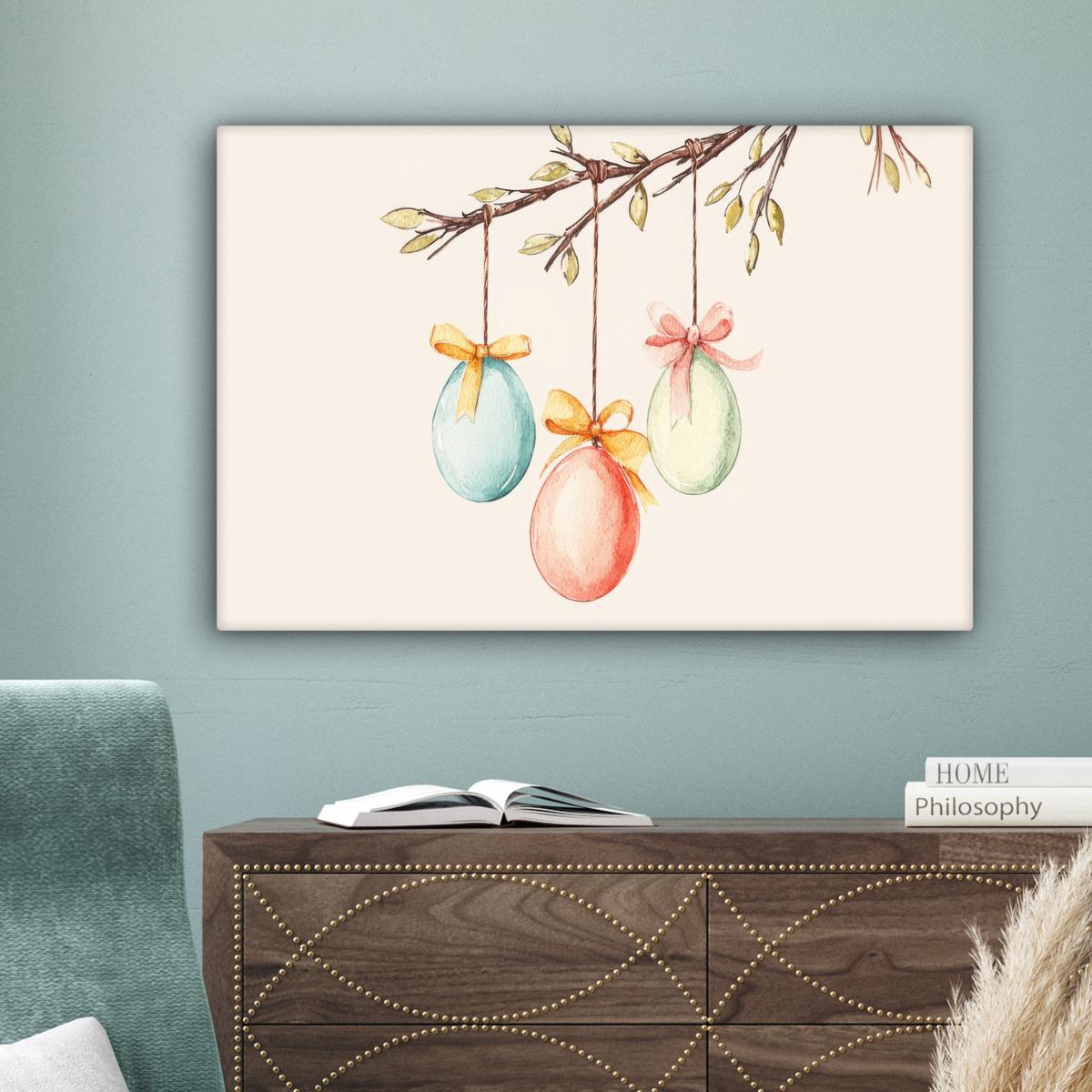 LEINWANDBILD Osterkuchen - Schleife - Eier Gemälde 60x40 cm - Creme, Textil (60/40cm) - MuchoWow