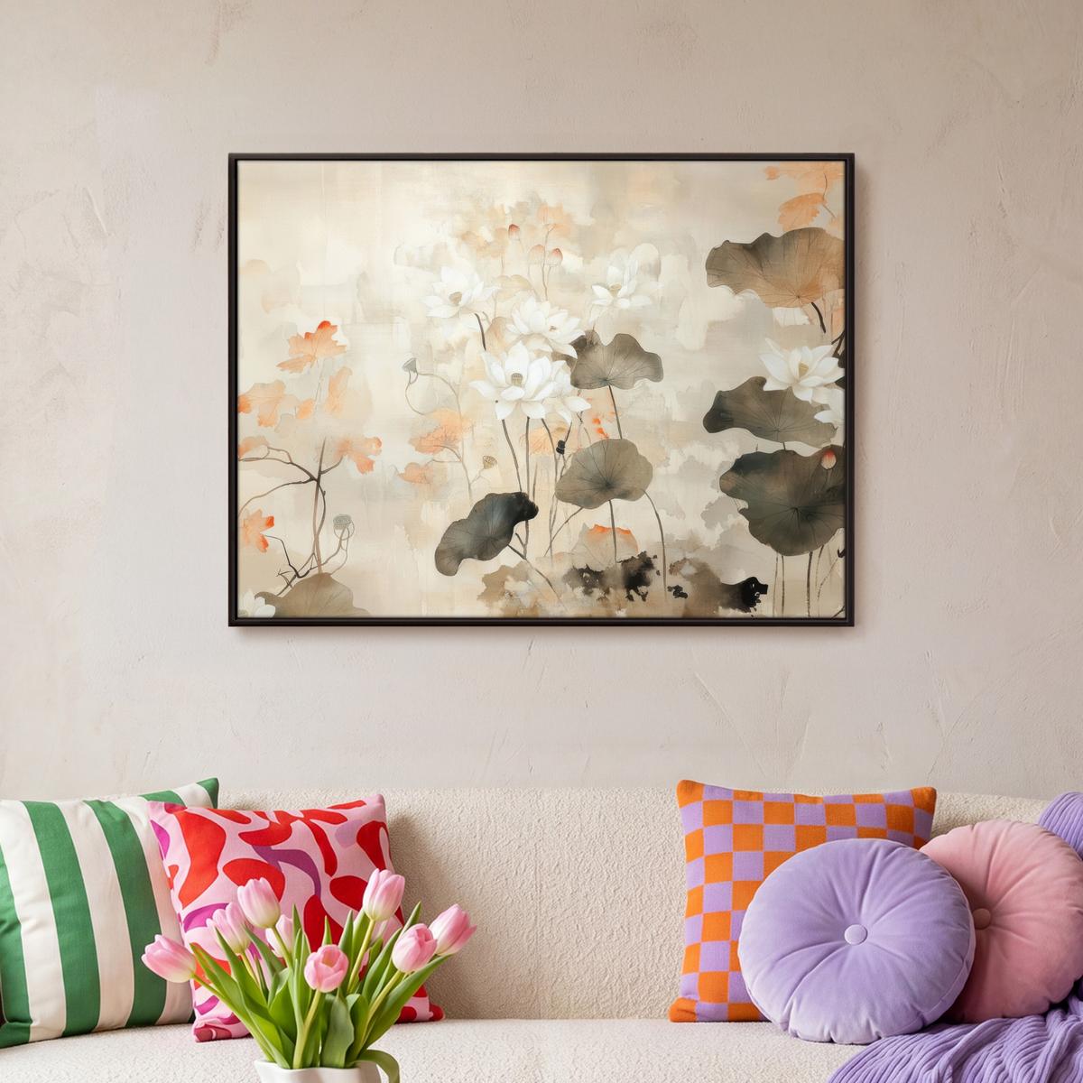 LEINWAND Bilder mit Rahmen - Blumen - Japandi - Wabi sabi - 70x50 - Sandfarben, Textil (70/50cm) - MuchoWow