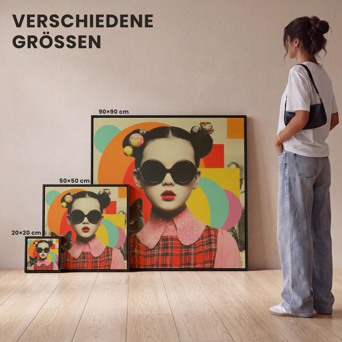 LEINWAND Bilder mit Rahmen - Mädchen - Sonnenbrille - Katze - Retro - 20x20 - Beige, Textil (20/20cm) - MuchoWow
