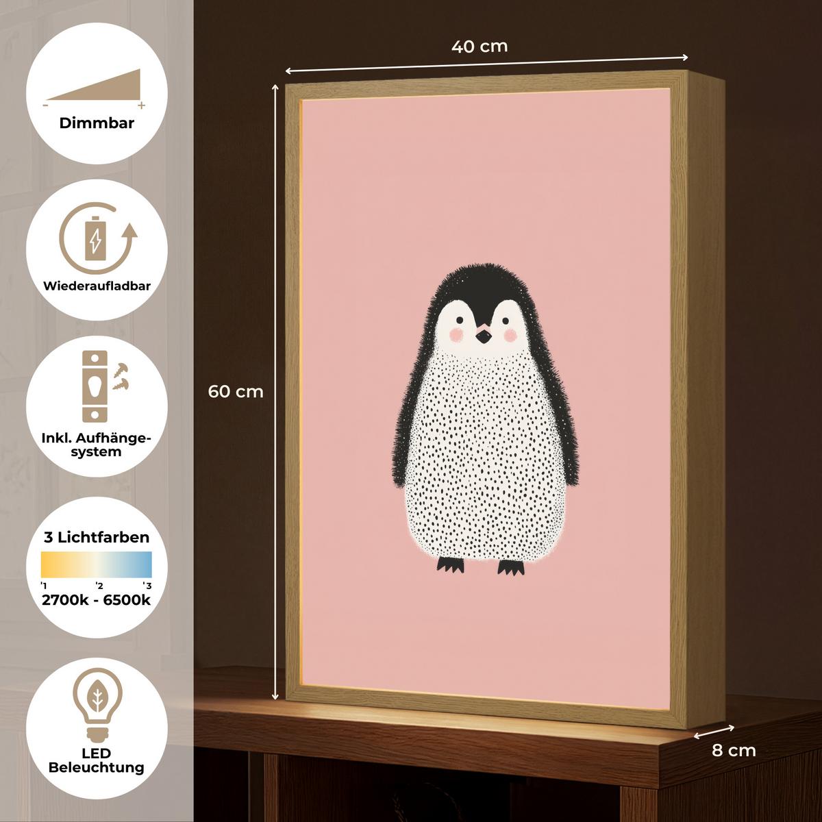 WANDLEUCHTE MIT AKKU Pinguin - Punkte - Minimalistisch - Rosa 40x60 cm - Rosa, Holzwerkstoff (40/60/8cm) - OnlyWow