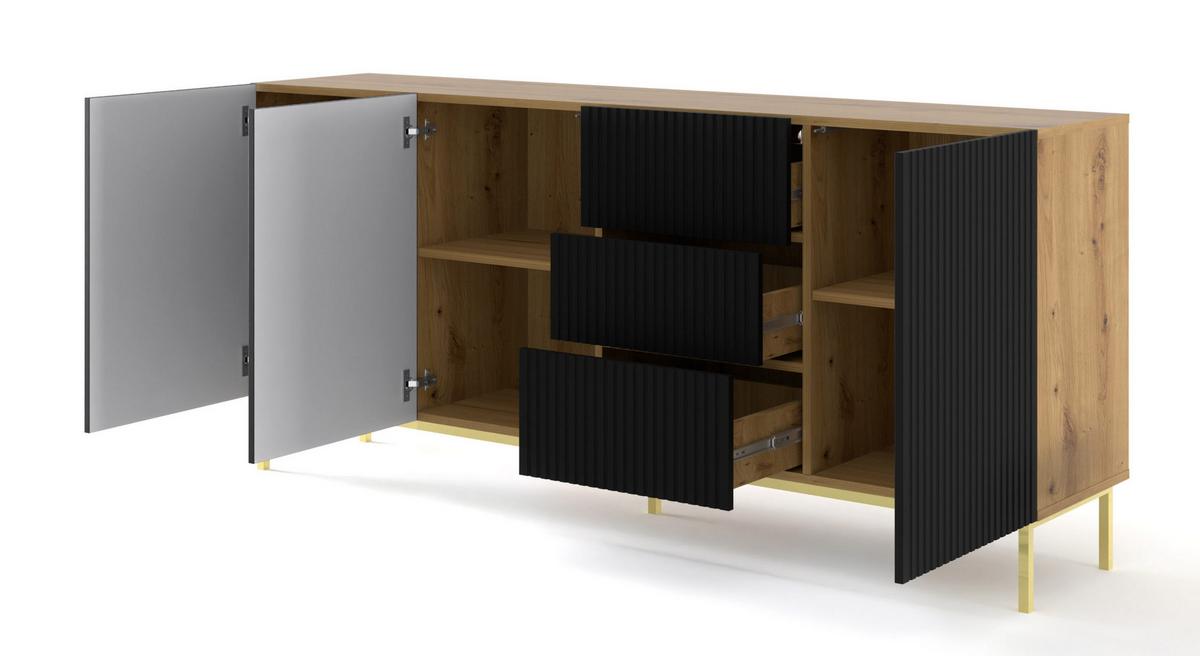 KOMMODE Artisan Eiche, Schwarz, Gold 200/89/42 - Schwarz, Holzwerkstoff (200/89/42cm) - RAUMHIRSCH FURNITURE