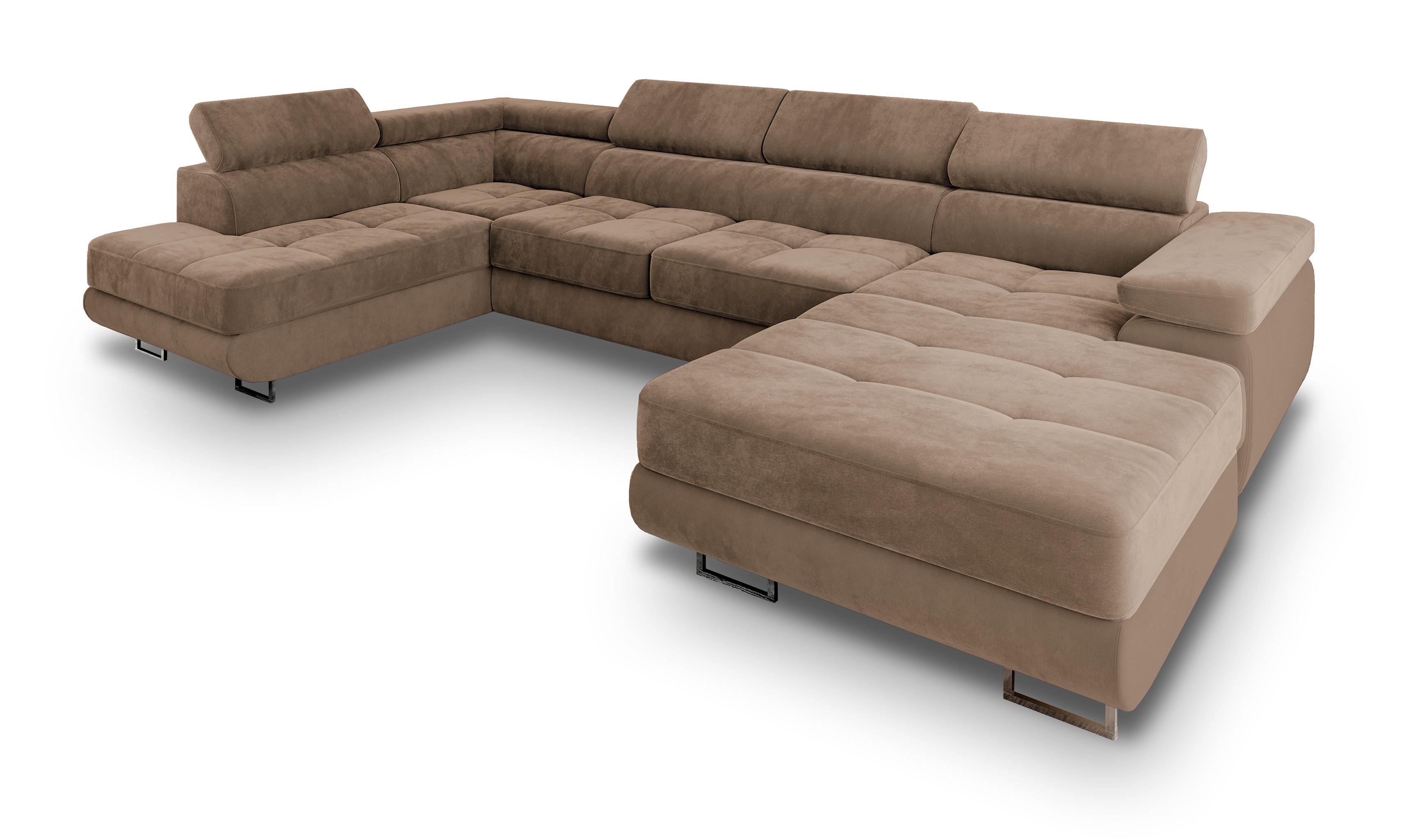 WOHNLANDSCHAFT CASONE L-S Beige Velours-Stoff mit Schlaffunktion - Beige/Silberfarben, Holz/Textil (345/90/202cm) - MASSENO