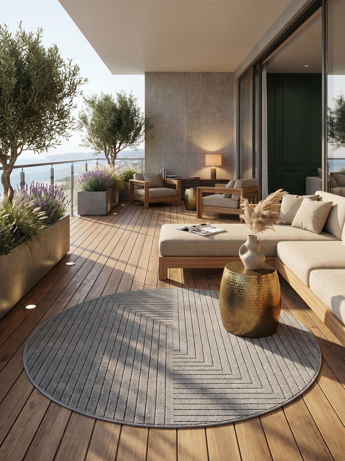 TEPPICH Outdoor ENGADIN in Silber, im Skandi-Stil mit 3D-Design, aus Polypropylen, Ø 120 cm - Silberfarben, Textil (120/120cm) - KADIMA DESIGN