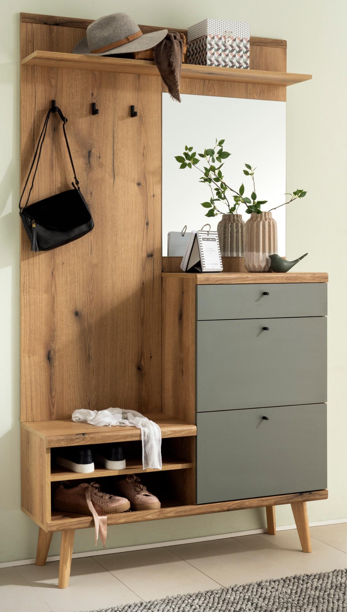 GARDEROBEN-SET Evoke Eiche und Salbei, Kompaktgarderobe skandinavisch 110 x 200 cm - Salbeigrün/Eichefarben, Glas/Holz (110/200/34cm) - Furn.Design
