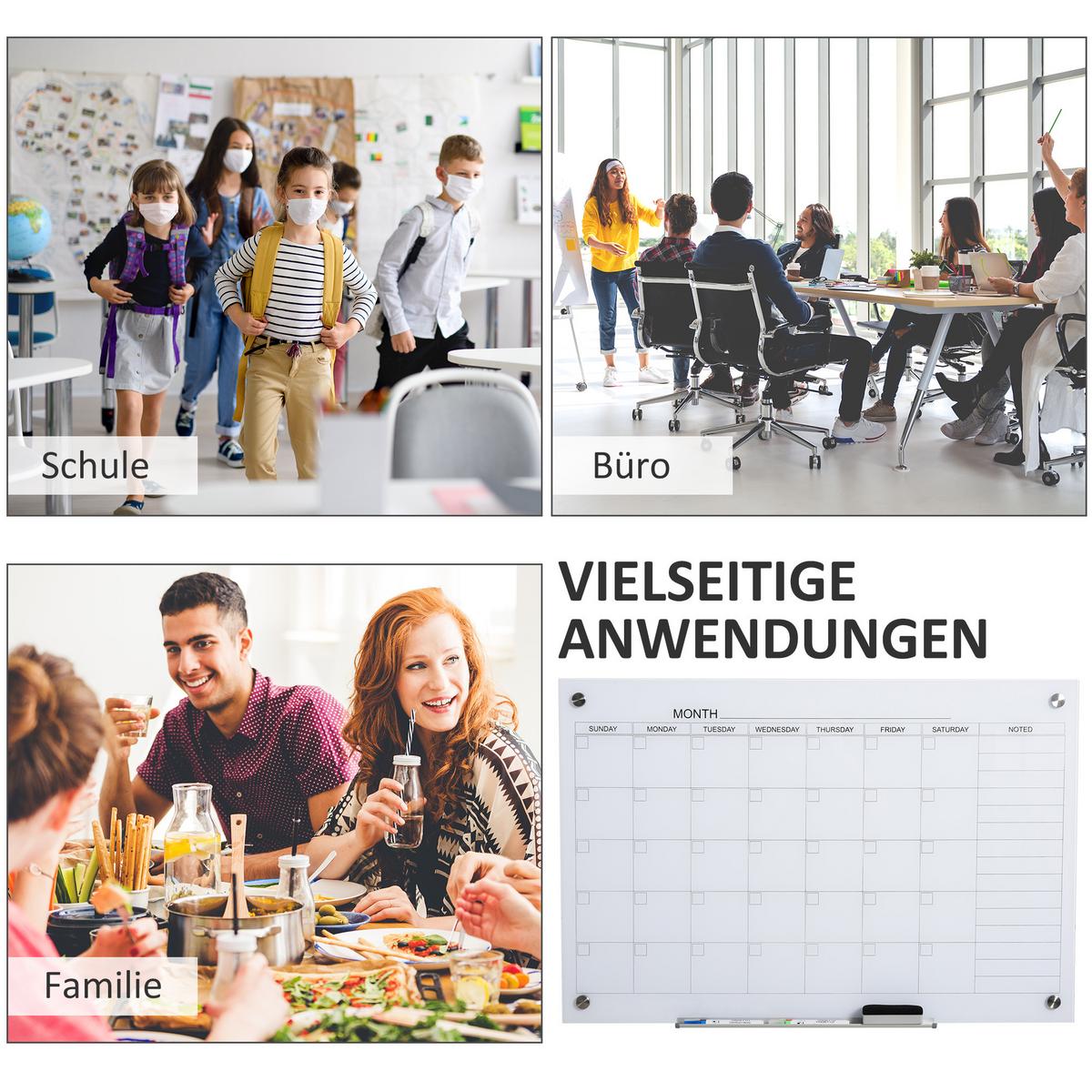 KALENDERTAFEL Glasplatte mit 4 Glasclip Planungstafel Zeitplan Weiß - Weiß, Kunststoff (60/0.2/90cm) - Vinsetto