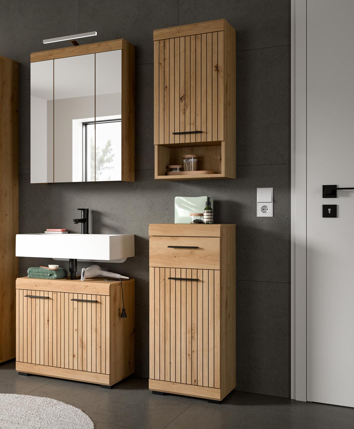 HÄNGESCHRANK Eiche Artisan 37 x 79 cm, Badschrank hängend 1-türig - Schwarz/Eiche Artisan, Holzwerkstoff/Kunststoff (37/79/24cm) - Inn.Furn