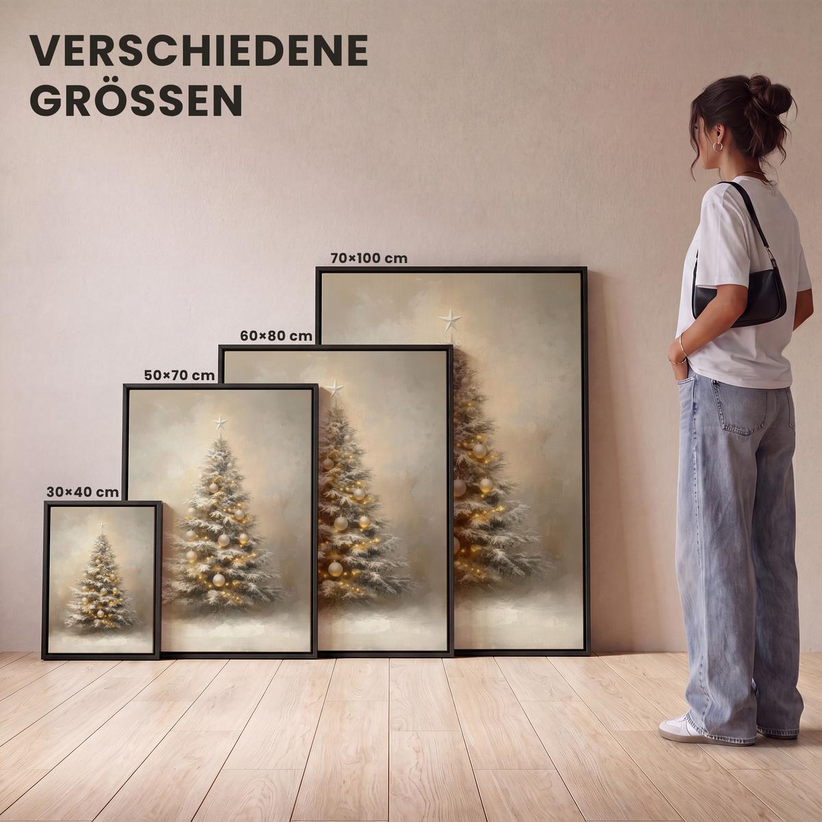 LEINWAND Bilder mit Rahmen - Weihnachten - Weihnachtsbaum - Schnee - Kunst - 70x100 - Champagner, Textil (70/100cm) - MuchoWow