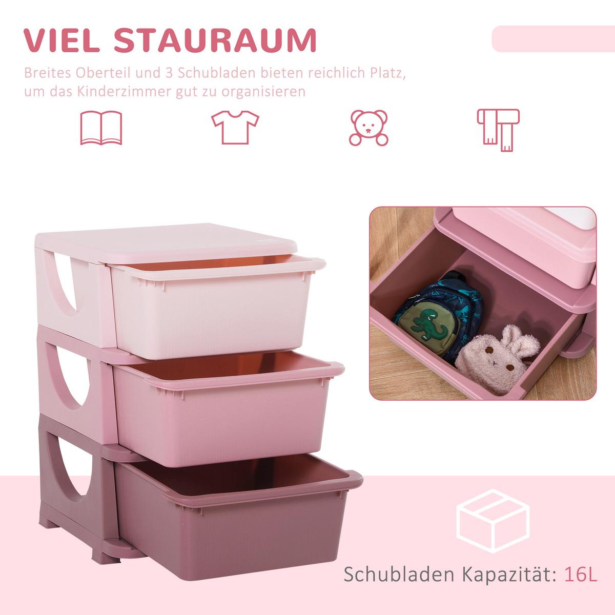 AUFBEWAHRUNGSBOXEN für Kinder, 3 große Schubladen, Kunststoff, Rosa - Rosa, Kunststoff (37/56.5/37cm) - HOMCOM