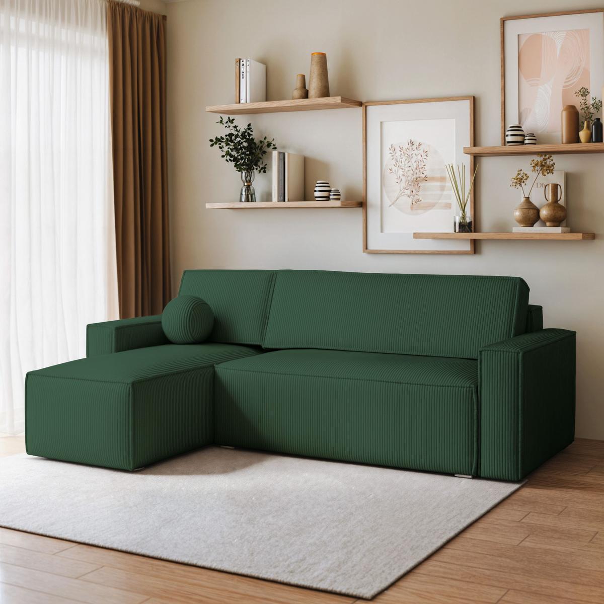 ECKSOFA RAVELO P Grün Kordstoff mit Schlaffunktion - Grau/Grün, Holz/Kunststoff (240/140cm) - MASSENO