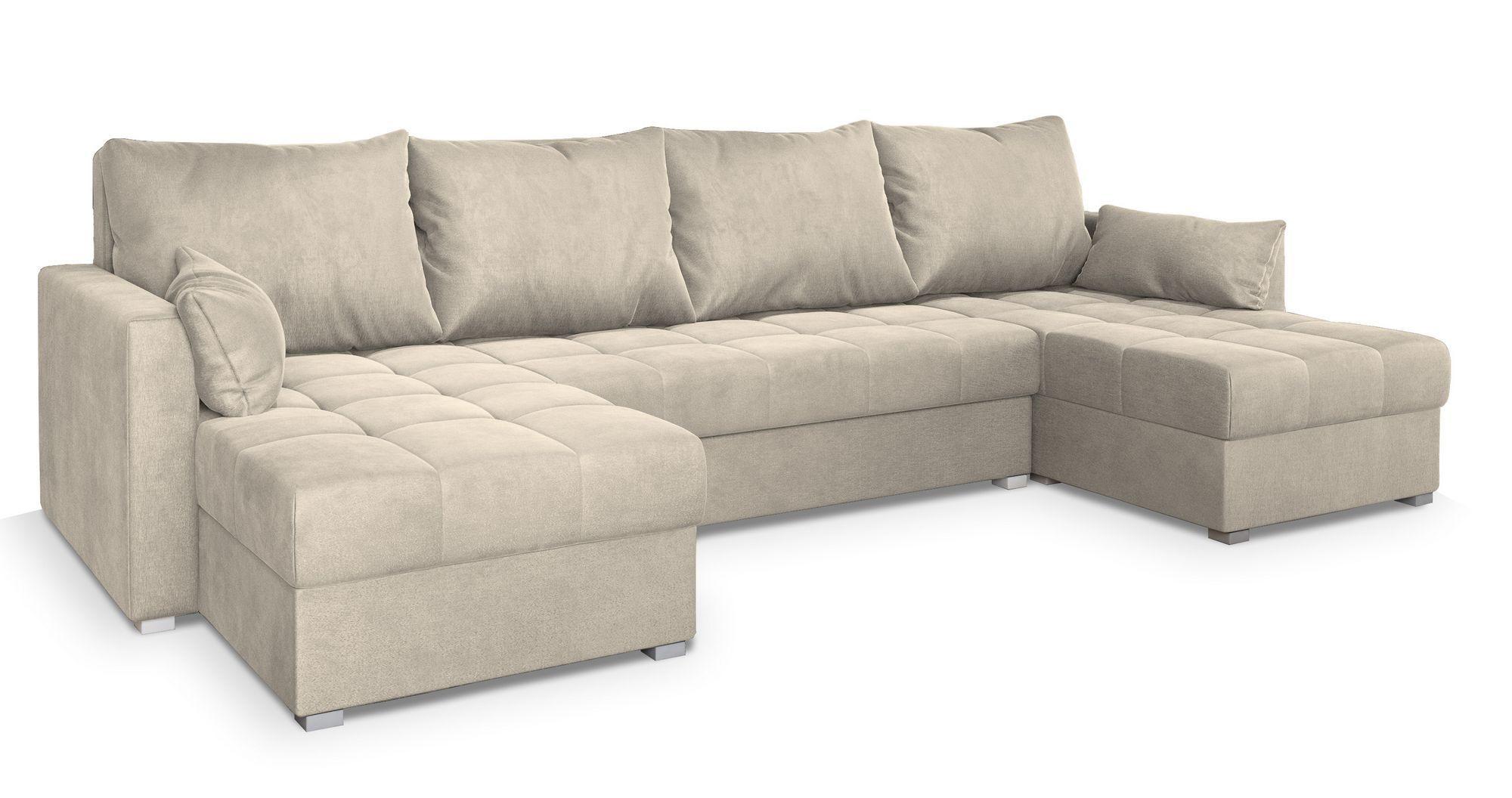 WOHNLANDSCHAFT NAKO M Creme Velours-Stoff mit Schlaffunktion - Creme/Grau, Holz/Kunststoff (285/85/140cm) - MASSENO