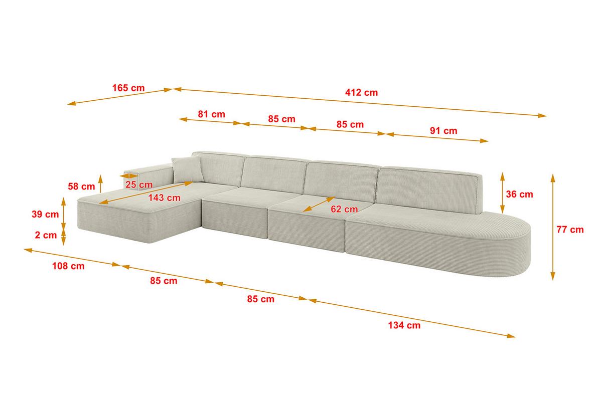 ECKSOFA Ottomane Links IREA-L3-v4 - 412x165x77 cm Creme - Ecru/Champagner, Holzwerkstoff/Textil (412/165cm) - ALTDECOR