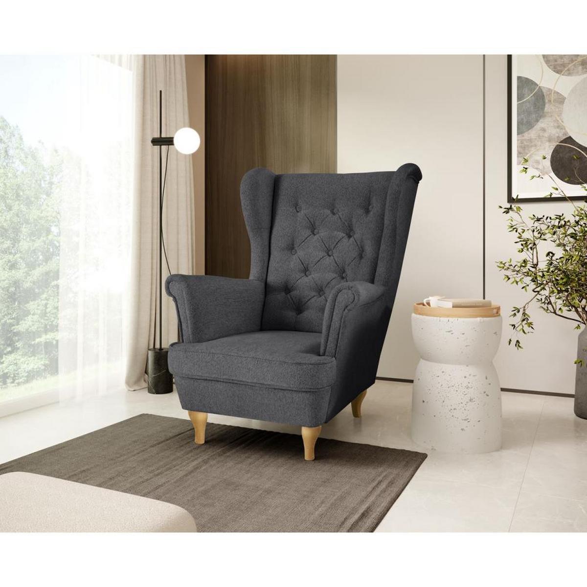 CHESTERFIELD-SESSEL Falco dunkelgrau mit Buche Holzbeinen - Dunkelgrau, Holz/Textil (82/102/92cm) - Beautysofa