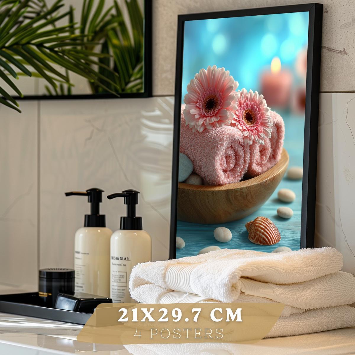 POSTER 4er-Set Badezimmer-Wandposter, Strand-Spa-Poster für Waschbecken, Dusche, WC mit Muscheln, Kerzen, Handtüchern und Meersalz Schwarzer Rahmen A4 - Schwarz, Papier (29.7/21/3cm) - Nacnic