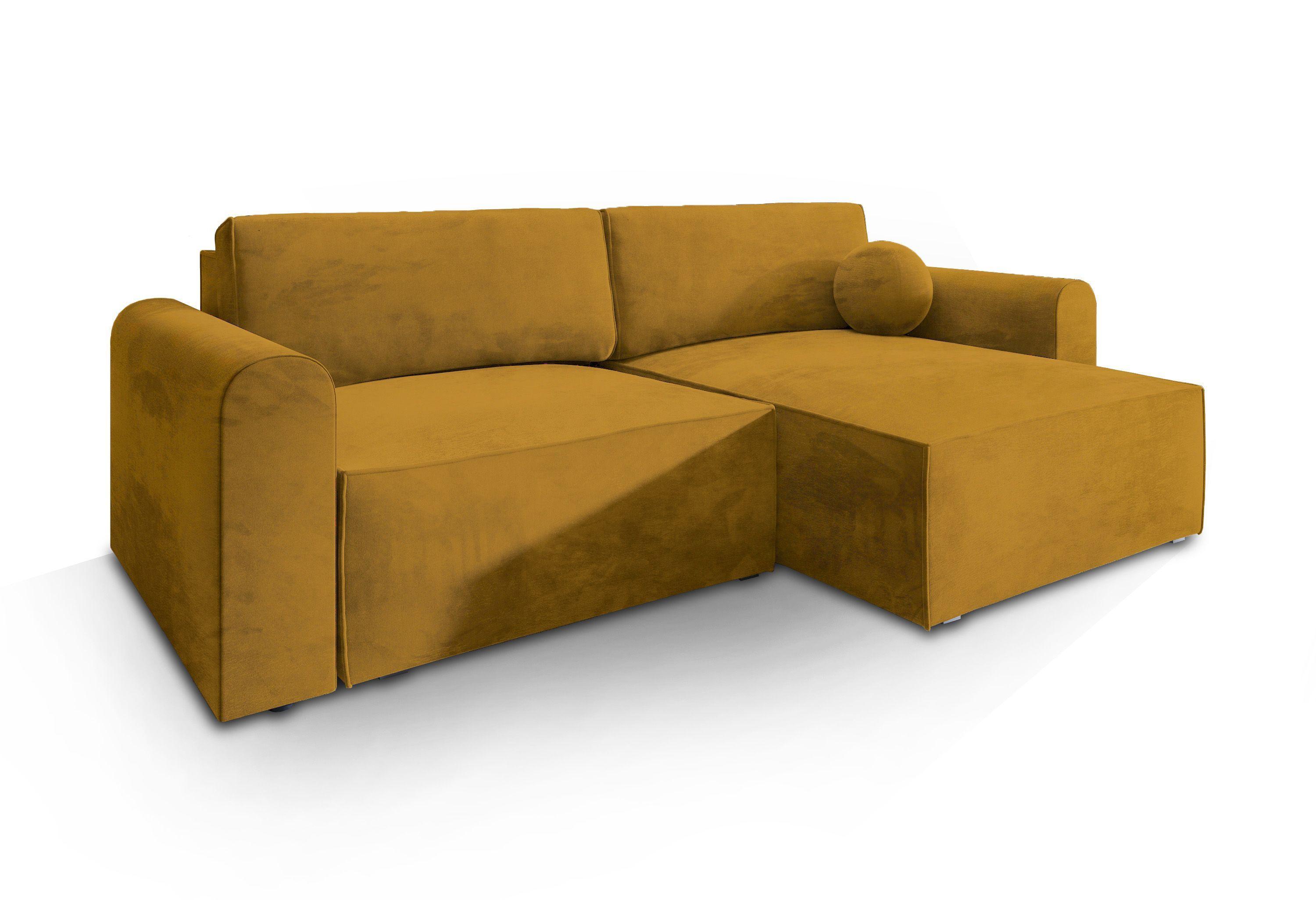 ECKSOFA FIANO M Gelb Velours-Stoff mit Schlaffunktion - Gelb/Grau, Holz/Kunststoff (245/148cm) - MASSENO