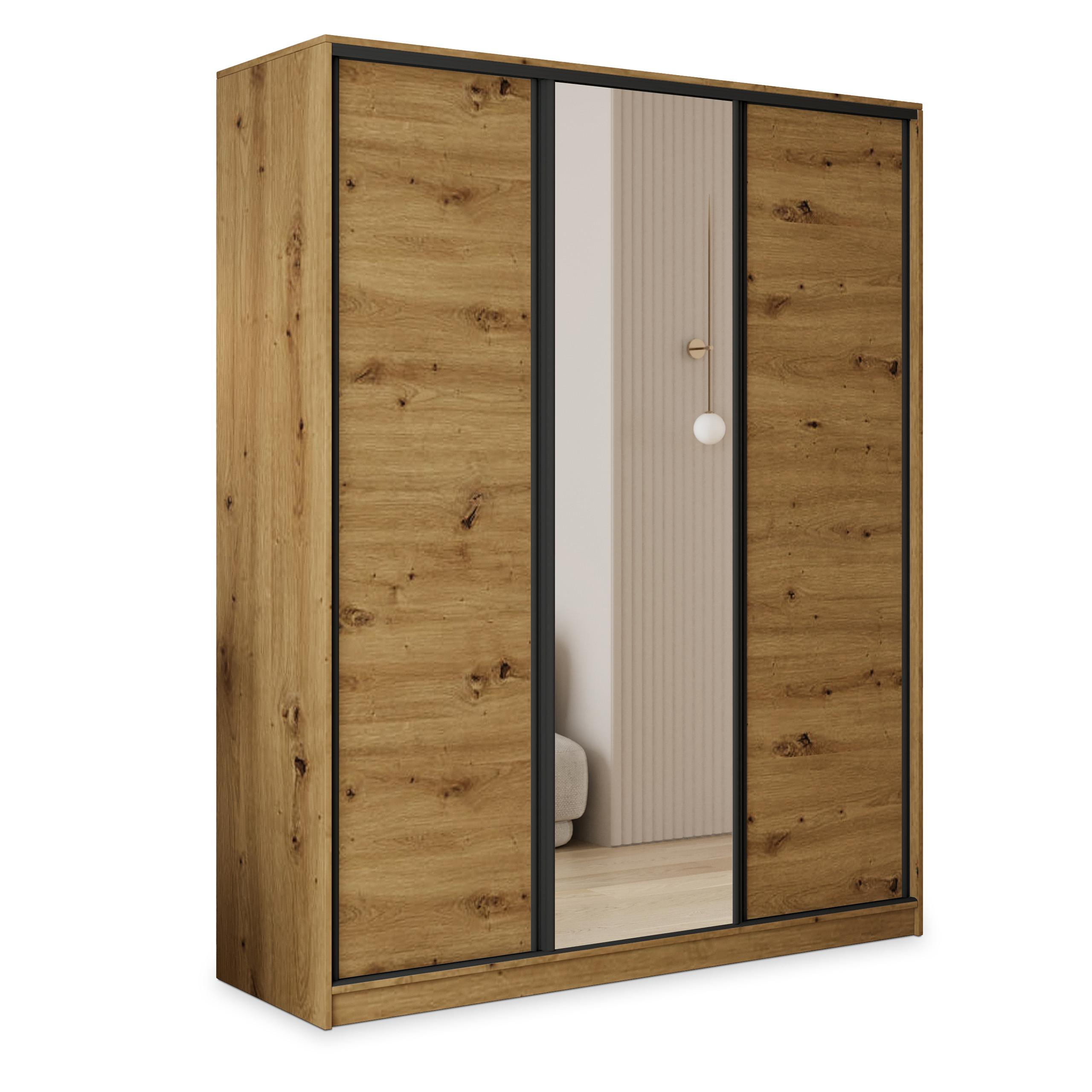SCHWEBETÜRENSCHRANK TARI 160/205/58 cm 3-türig mit Spiegel und 4 Schubladen Eiche Artisan - Eiche Artisan, Holzwerkstoff (160/205/58cm) - MASSENO