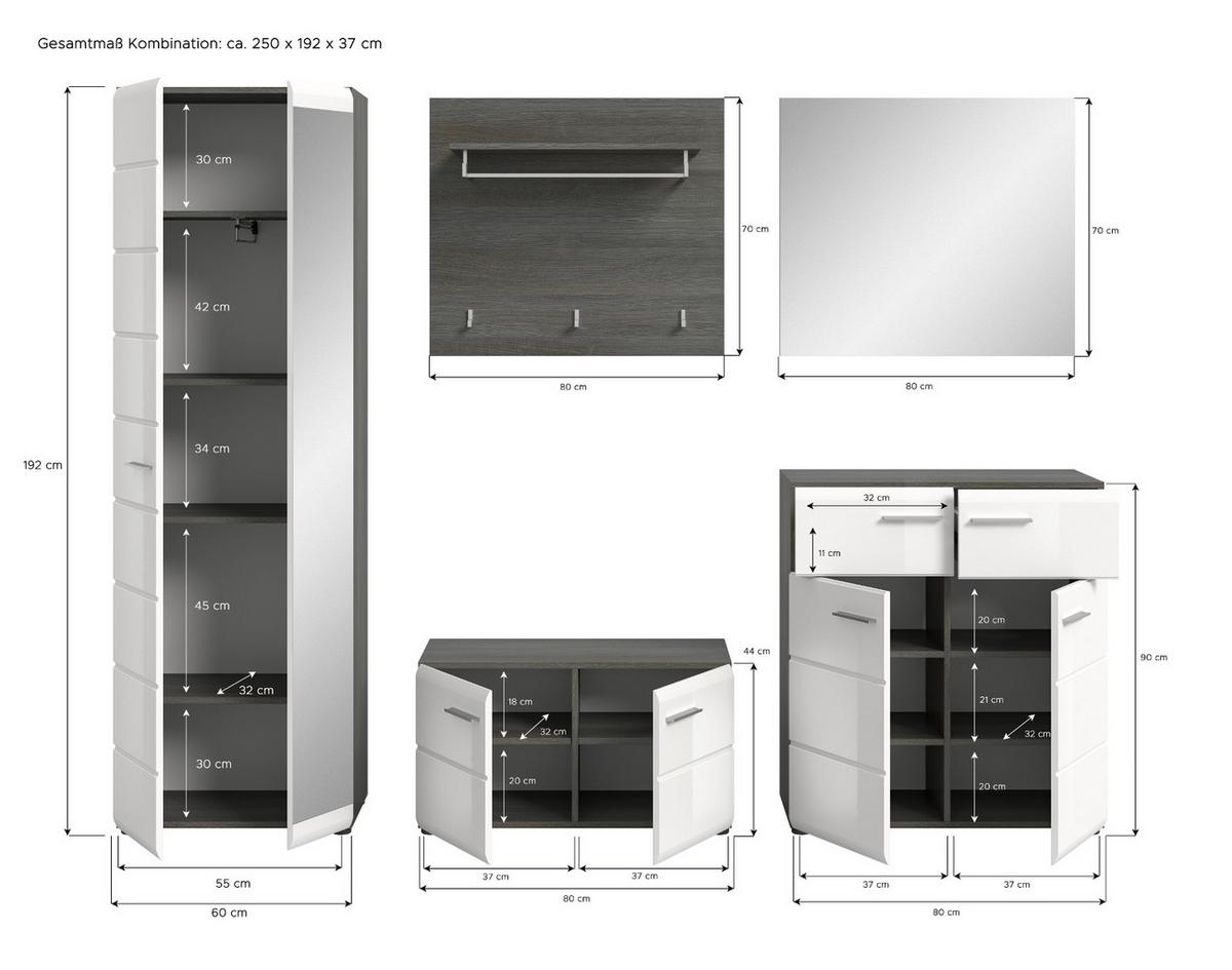 GARDEROBE Set 5-teilig weiß Hochglanz, grau 250 cm, Komplettset mit viel Stauraum - Weiß Hochglanz/Silberfarben, Glas/Holzwerkstoff (250/192/37cm) - Inn.Furn