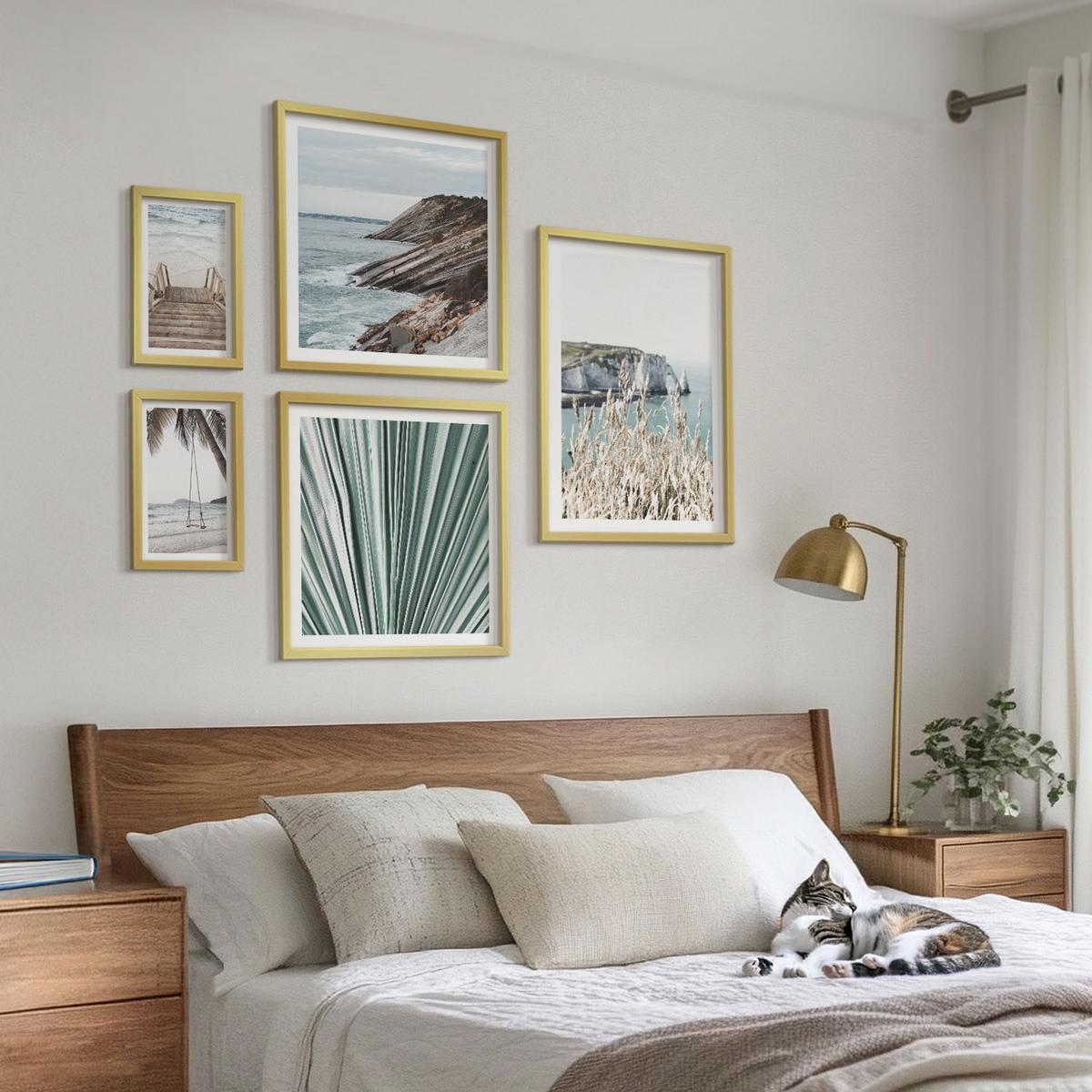 BILDER SET 5er Set - 50x50 cm & 20x30 cm & 40x60 cm Goldrahmen - Strandtreppe Schaukel Meer - Goldfarben, Kunststoff (40/60cm) - TULUP