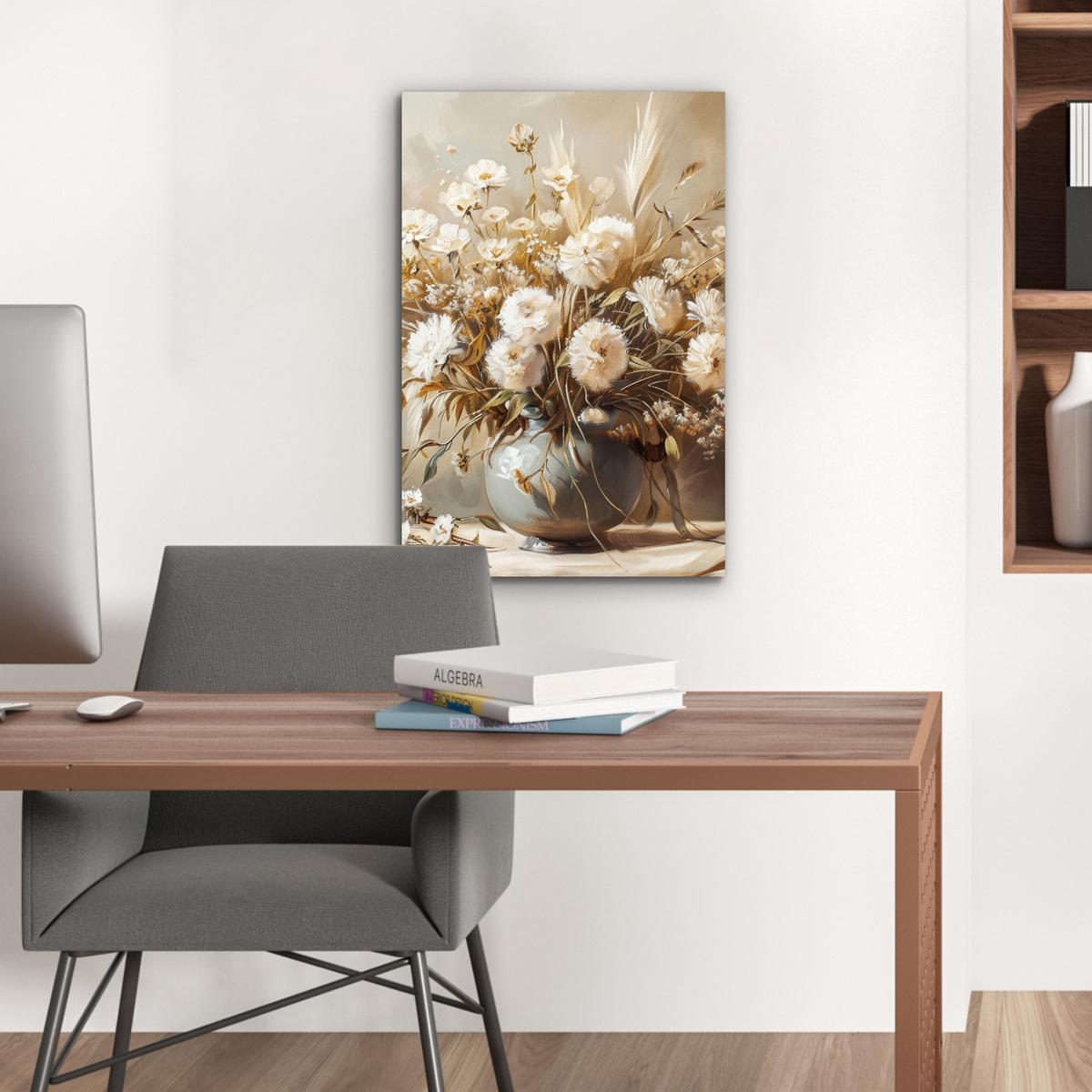 METALLBILD Blumen - Vase - Stilleben - Beige Deko Schlafzimmer 40x60 cm - Creme, Metall (40/60cm) - MuchoWow