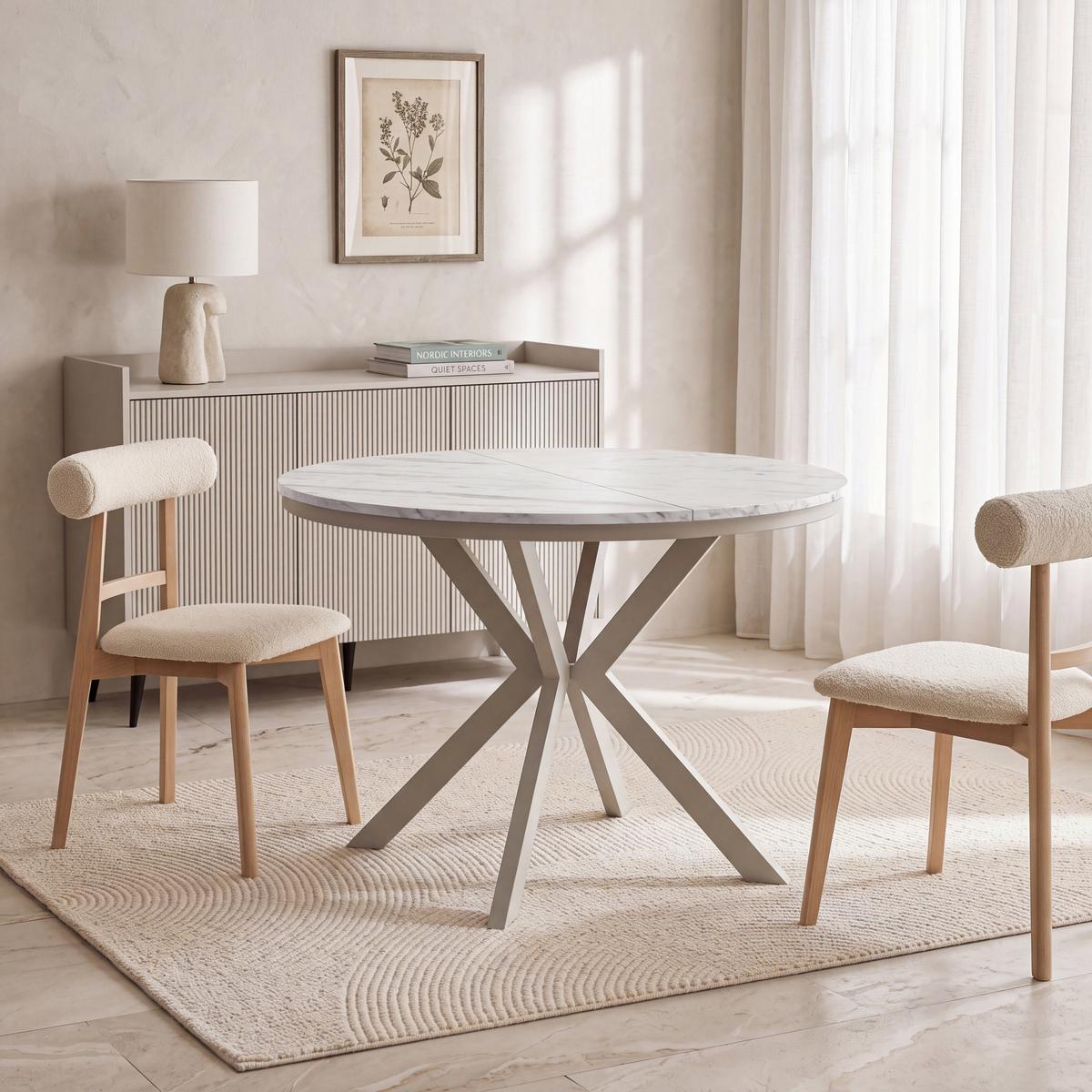 ESSTISCH Valio Neo rund oval ausziehbar verlängerbar mit Metallbeinen in Kaschmir Grau, Marmor Weiß 100-140/100/76 cm - Ecru/Kaschmir, Holzwerkstoff/Metall (100/140/76cm) - WFL GROUP