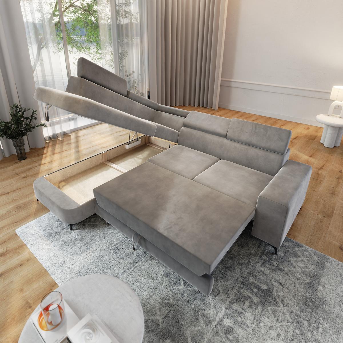 ECKSOFA ALVORO L-S Hellgrau Velours-Stoff mit Schlaffunktion - Hellgrau, Holz (253/190cm) - MASSENO