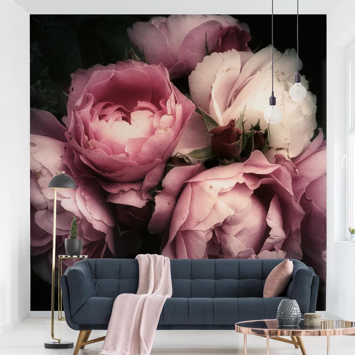 FOTOTAPETE Pfingstrosen vor Schwarz Shabby 192/192 cm - Rosa, Papier (192/192cm) - Bilderwelten
